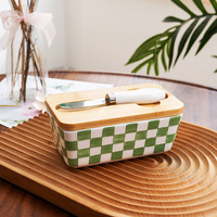 Mantequillera de Cerámica Rústica Creativa con Tapa de Madera Pintada a Mano, Hermética, Estilo Vintage para Cocina