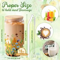 Mug à café et à bière en verre de 16 oz avec logo personnalisé d'usine, motif fleurs et plantes vertes, avec couvercle en bambou et paille, idéal pour les cadeaux de fêtes