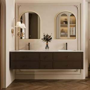 Exquisite Light Retro Style Suspended Washbasin Arched Wall Mounted <b>Mirror</b> Layered <b>Bathroom</b> Vanity - Product Image 1