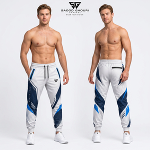 Pantalon de jogging sportif pour homme, blanc et bleu, imprimé par sublimation, taille élastique avec cordon de serrage, logo Move Higher sur la jambe droite, respirant - Product Image 3