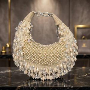 Elegant Beaded Half <b>Moon</b> Evening Bag With <b>Crystal</b> Pearls And Ring Strap For Party - Product Image 3