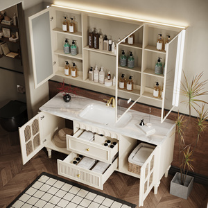 Meuble-lavabo de salle de bain avec lavabo simple ou <span class=keywords><strong>double</strong></span>, meuble-lavabo en bois massif sculpté exquis avec miroir intelligent, armoire de salle de bain - Product Image 3