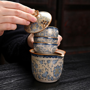 Ru Kiln Portable Travel Tea Set Ceramic Quick Cup Outdoor <b>Camping</b> Leather <b>Storage</b> Bag Luxury Retro Style Personal Gift - Product Image 4