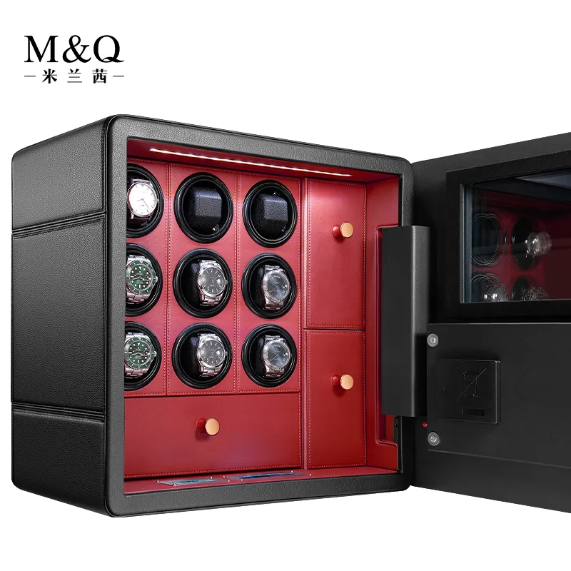 M Q personalized custom modern luxury leather automatic orbit watch winder safe box with LCD display