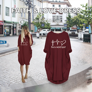 Abito bohémien a maniche lunghe da donna taglie forti con lettere stampate 'fede speranza amore' Top ampio con tasca alla moda - Product Image 3