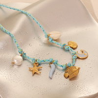 Collier tendance plaqué or en acier inoxydable style plage, personnalisable avec chaîne en corde tressée DIY et pendentif étoile de mer imitation perle