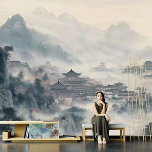 <span class=keywords><strong>Papier</strong></span> <span class=keywords><strong>peint</strong></span> mural personnalisé moderne japonais, <span class=keywords><strong>motif</strong></span> <span class=keywords><strong>montagne</strong></span>, rivière et temple ancien, autocollant, imperméable, pour chambre à coucher et fond de canapé - Product Image 1