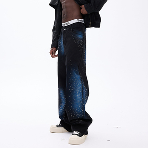 ヴィンテージ風ウォッシュ加工ワイドレッグカジュアルパンツ ストリートウェア 星空カラープリント スプラッターエフェクト メンズデニムパンツ - Product Image 4
