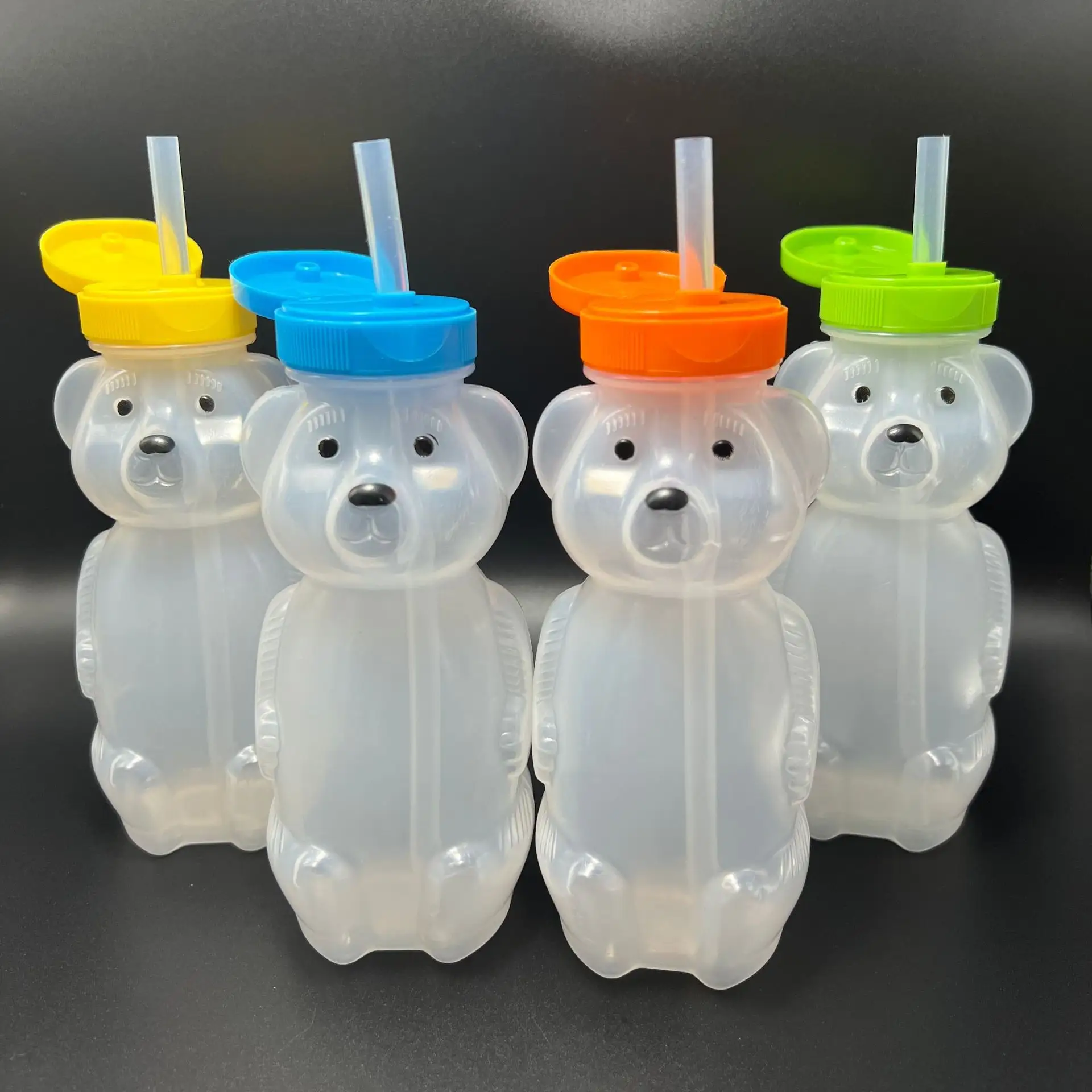 Bal ayı saman fincan bebek BPA ücretsiz LDPE sıkmak için 8oz ayı şeklinde fincan ile vidalı kapak saman öğrenme tedavisi ile özel kutu