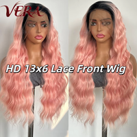 Perruque Lace Front HD13*6 en Fibre Synthétique Futura Premium, Ondulations Water Wave, Ombré Noir Rose Mat, Résistante à la Chaleur, pour Femmes, Vente en Gros