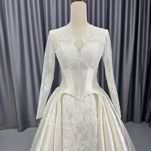 Lscm115 Elegante Vestido de Novia Dos en Uno con Corsé de Satén y Mangas de Encaje Color Marfil, Falda Sirena y Sobrefalda Desmontable en Línea A, Jancember - Product Image 2