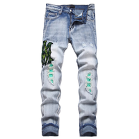 Vaqueros rectos elásticos de mezclilla azul para hombre, con bordados elaborados, diseño desgastado, cintura alta, diseño de agujeros, lavado oscuro, remaches, estilo gótico y hip hop
