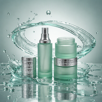 Bouteille en verre cylindrique vert clair givré, ensemble d'emballage cosmétique personnalisé, pompe de pulvérisation de pot avec couvercle en argent