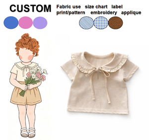 Top Estivo per Bambine <span class=keywords><strong>con</strong></span> Colletto a Volant e Fiocco, <span class=keywords><strong>Camicia</strong></span> in Cotone a Maniche Corte, Abbigliamento per Bambini in Tinta Unita Personalizzabile - Product Image 1