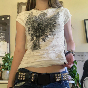 Camiseta de Verano para Mujer, Estilo Y2K Vintage, Corte Regular, Tejida, Ecológica, con Estampado Gótico Oscuro, Desgastada, Informal - Product Image 2