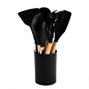 Ensemble d'ustensiles de cuisine en silicone 12 pièces avec manches en bois, outils de cuisson antiadhésifs, spatule, louche, cuillère, pinces, support pour la maison - Product Image 3