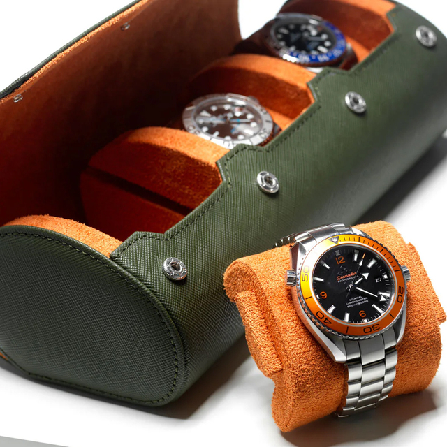 Olive Green Saffiano Leather Luxury Watch case for Travel Custom logo Oem Travel Watch Storage Box 3 Slots Watch Roll Leather