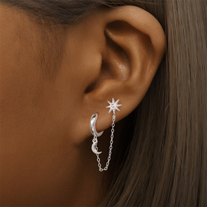 Nuevos y Modernos Pendientes de Aro con Borla de Cadena Larga de Plata de Ley 925, Estrella y Luna Doble con Circonita Cúbica - Product Image 3