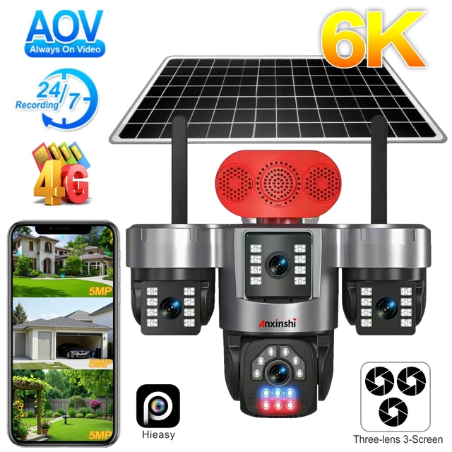 6K 4G Three Lens Three Image View Solar Security Camera 4G 24/7 Recording Support Human Detection Tracking AOV Solar Camera