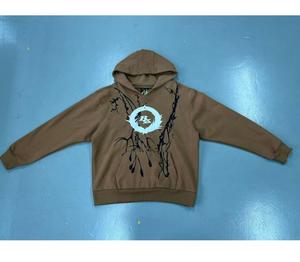 Sudadera con Capucha de Algodón Marrón, Corte Holgado, con Gráfico Circular y Patrón de Enredaderas, Puños Acanalados para Uso Casual - Product Image 1