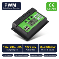 Contrôleur de charge solaire PWM 10A 20A 30A 12V 24V Auto LCD Double USB Minuteur intégré Système solaire domestique hors réseau Vente en gros