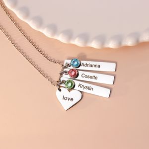 Collar de piedra natal familiar de acero inoxidable personalizado con cadena de eslabones de moda, barra de nombre de texto grabado y colgante de corazón - Product Image 4
