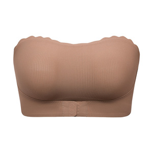 Striped Seamless Wave Edge <b>Thin</b> Breathable Sports <b>Bra</b> with Drop-Proof No-<b>Strap</b> Front Buckle Side Gathered Design - Product Image 2