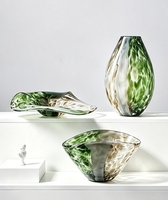 RYLAVA Vase de table en verre artisanal ondulé moderne et créatif, bol à fruits, texture marbrée verte, décoration de table pour la maison