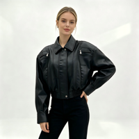 Veste en similicuir écologique pour femme, manches longues, couleur unie, col rabattu, style biker court, vente chaude