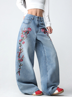 Jeans personnalisés pour femmes, style Y2K rétro, décontractés, amples, de haute qualité, avec broderies florales et plusieurs poches