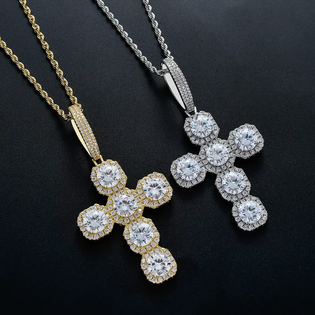 Fashion Zircon Religious Christian Iced Out CZ Crystal Diamond Cross Pendant Necklace Men Women