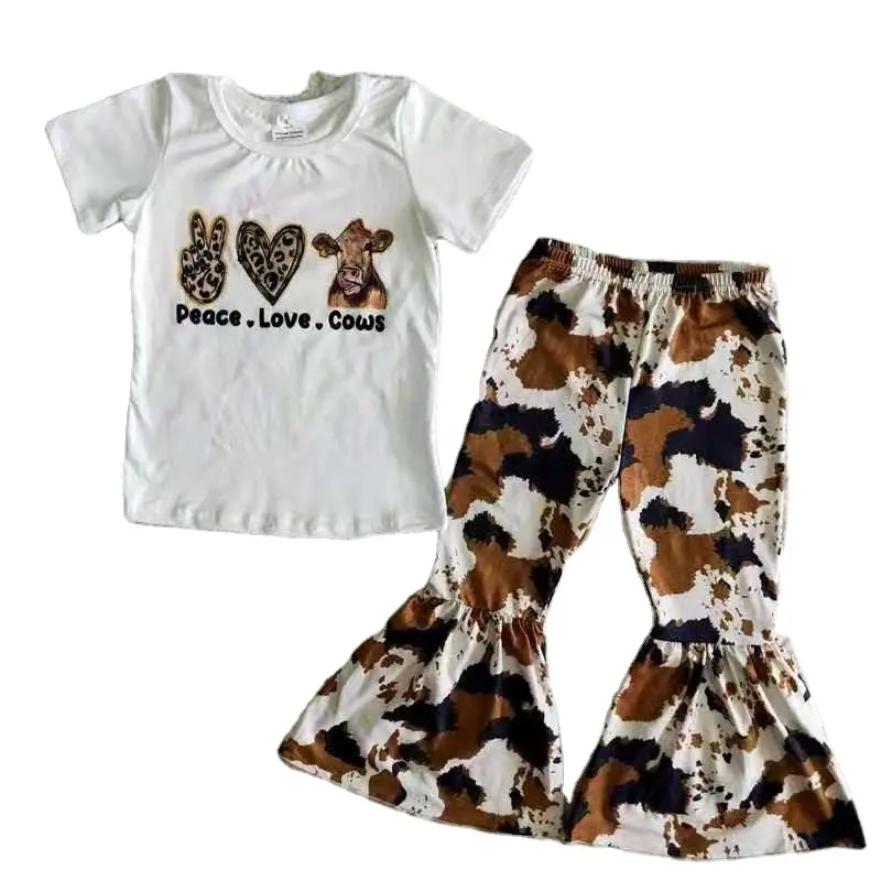 Wholesale animal white top cow print bell bottom pants RTS no MOQ baby clothes farm kids clothes cow print boutique outfits