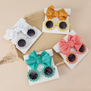 Qianjin promosyon el yapmak bebek papatya güneş gözlüğü büyük yay naylon Hairband seti tatlı kız gözlük plaj fotoğraf fotoğraf - Product Image 4