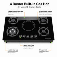 Table de cuisson encastrable quatre feux multi-équipements gaz/électrique avec surface en verre, système d'allumage électronique domestique, alimentation électrique