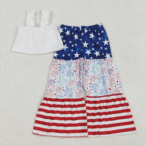 Vente en gros de tenues pour enfants, filles, tout-petits, décontractées, écologiques, à l'effigie du 4 juillet, hauts imprimés + ensembles de pantalons évasés, tenues patriotiques - Product Image 5