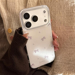 Funda para iPhone 17 Pro, estilo coreano, con lazo gris brillante, ventana grande, cobertura total, anticaídas - Product Image 1