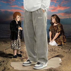 Pantalon décontracté pour homme en laine peignée mi-lourde, uni, teinture unie, écologique, respirant, ample, droit, avec cordon de serrage, automne-hiver - Product Image 3