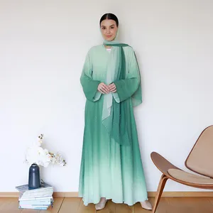 Vestido abaya abierto de tela de gasa con purpurina degradada último diseño kimono cárdigan musulmán Dubai con un chal a juego gratis