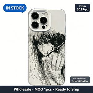 Coque antichoc en TPU transparent style anime avec ligne noire audacieuse, fille aux cheveux désordonnés et motif abstrait, pour <span class=keywords><strong>iPhone</strong></span> 17 16 15 14 Pro Max - Product Image 1