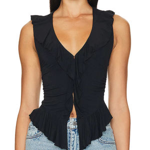 Camiseta sin mangas con volantes y cuello en V de talla grande para mujer, camiseta informal holgada, Color sólido, moda Sexy de verano, la mejor opción - Product Image 1