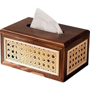 Caja de pañuelos de madera maciza de estilo japonés con incrustaciones de ratán, diseño retro para sala de estar y comedor, decoración del hogar - Product Image 5
