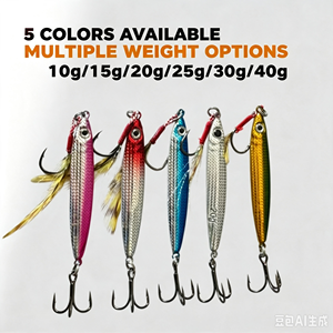 Ensemble de leurres métalliques 5 ou 10 pièces, poids mixtes 10-40g, jigs de pêche en eau salée avec hameçon triple et plume, boîte de rangement en plastique - Product Image 4