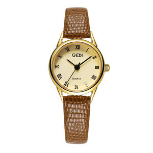 Montre pour femme rétro de niche, mince, avec lunette dorée et chiffres romains, bracelet en cuir véritable, mouvement à quartz - Product Image 5