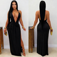 Robe de soirée sexy pour femme, col halter en V profond, dos nu, moulante aux hanches, fente haute, longueur ras du sol, noire, vente en gros, personnalisable OEM