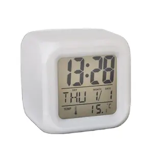 Customized Design LED 7 Colour Changing Digital Alarm Clock Thermometer Night Light Children Kids Cube Desk Table Clock