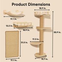 Ensemble de meubles muraux 4-en-1 pour chat : étagères murales en bois, arbre à grimper avec hamac, perchoir et tapis à gratter