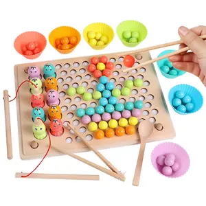 3合1蒙特梭利木制记忆象棋彩虹夹珠磁性钓鱼套装儿童玩具益智游戏