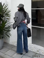 Celana Jeans Wanita Ukuran Besar Model Flare Biru Denim, Desain Anti Kusut, Pinggang Tinggi Elastis, Kancing, Logo Dapat Disesuaikan, Kasual Modis