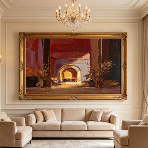 <span class=keywords><strong>Peinture</strong></span> intérieure Art Déco impasto peinte à la main, cheminée en pierre lumineuse, finition délicate en feuille d'or, tons riches de prune bordeaux et bleu - Product Image 4