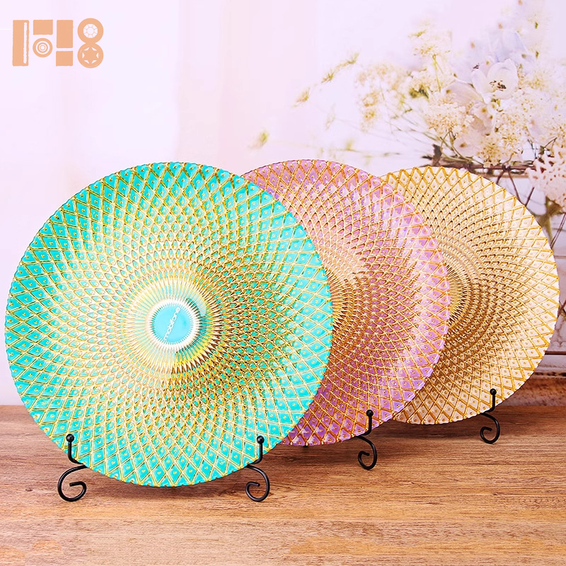 Bán buôn 13 inch Vàng Glass Charger tấm cưới dứa in mạ tấm kính phục vụ tấm